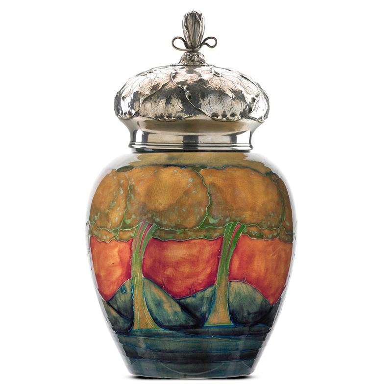 Appraisal: MOORCROFT SHREVE Eventide vase with sterling lid Condition Report No