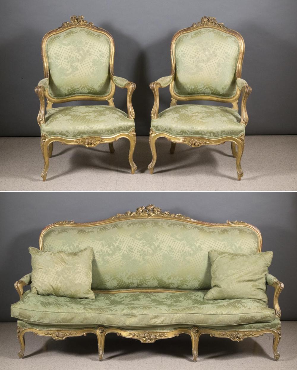 Appraisal: THREE-PIECE LOUIS XV STYLE SEATING FURNITURE SET French th century