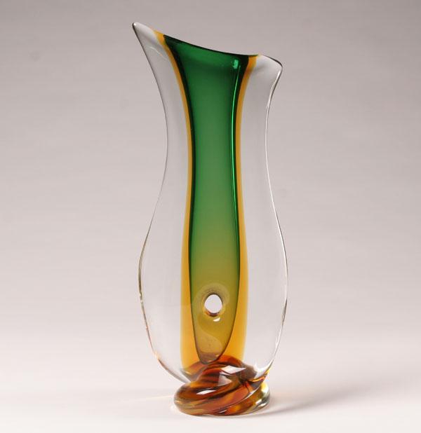 Appraisal: Murano Sommerso vase Massive green and amber twisted and pierced