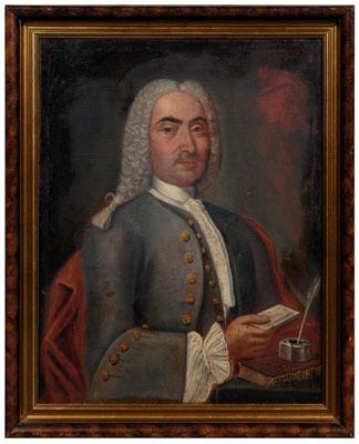 Appraisal: French School portrait seated gentleman in wig gray broadcloth deep-cuffed