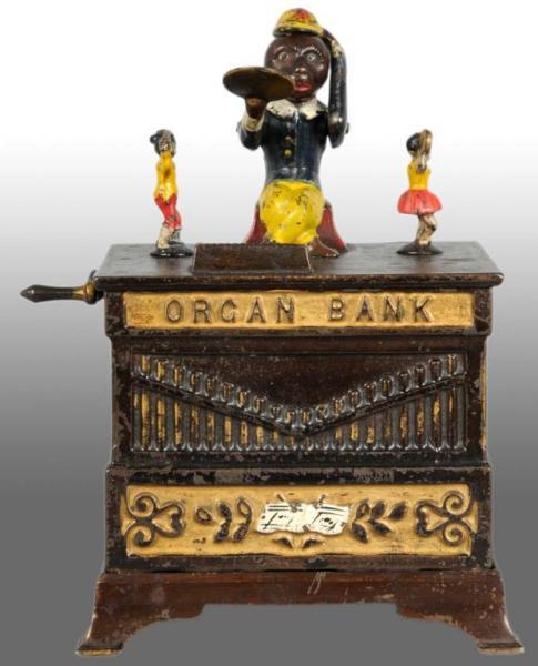 Appraisal: Cast Iron Organ Bank Boy Girl Mechanical Bank Description Manufactured