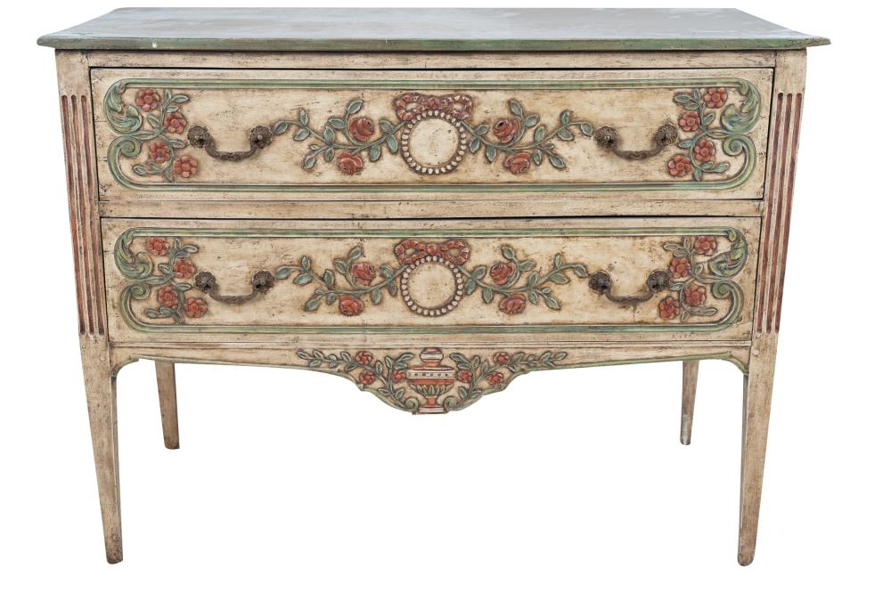 Appraisal: NEOCLASSIC STYLE PAINTED WOOD COMMODEwith two drawers and carved and