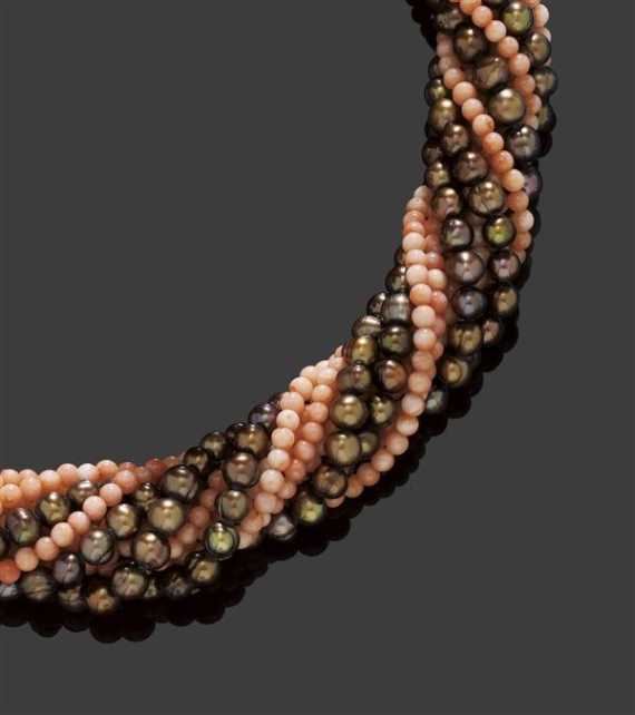 Appraisal: CORAL AND PEARL TORSADE Fastener yellow gold Decorative -row necklace