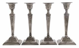 Appraisal: Set of Four Silver-Plate Candlestick Probably English th century square