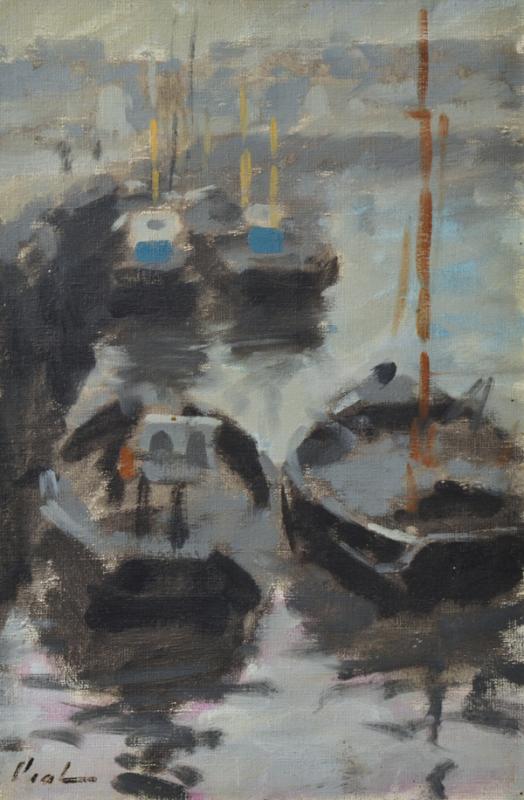 Appraisal: HAYWARD VEAL - Fishing Boats Dieppe oil on canvas HAYWARD