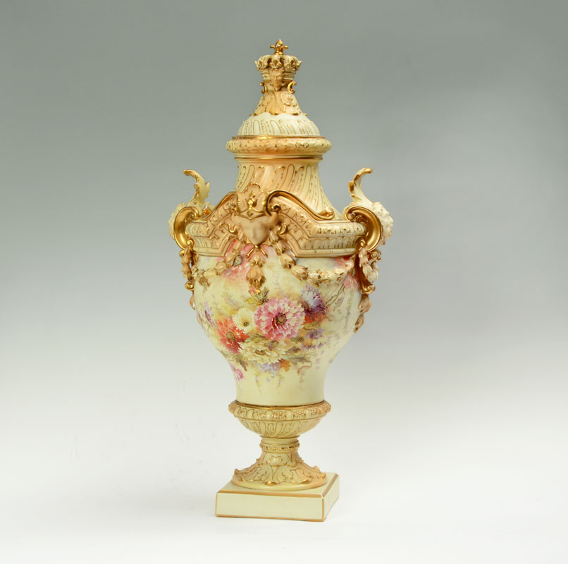 Appraisal: MONUMENTAL RUDOLSTADT GERMAN PORCELAIN URN Lid with reticulated crown finial