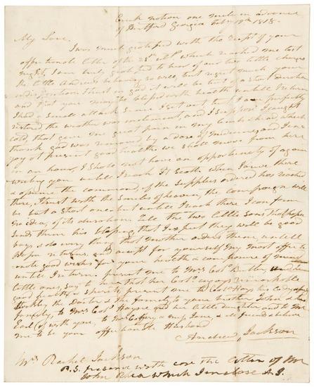 Appraisal: JACKSON Andrew Autograph letter signed to his wife Rachel written