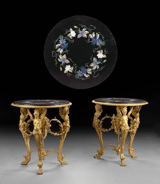 Appraisal: Each with inset circular black marble top inset with semi-prescious