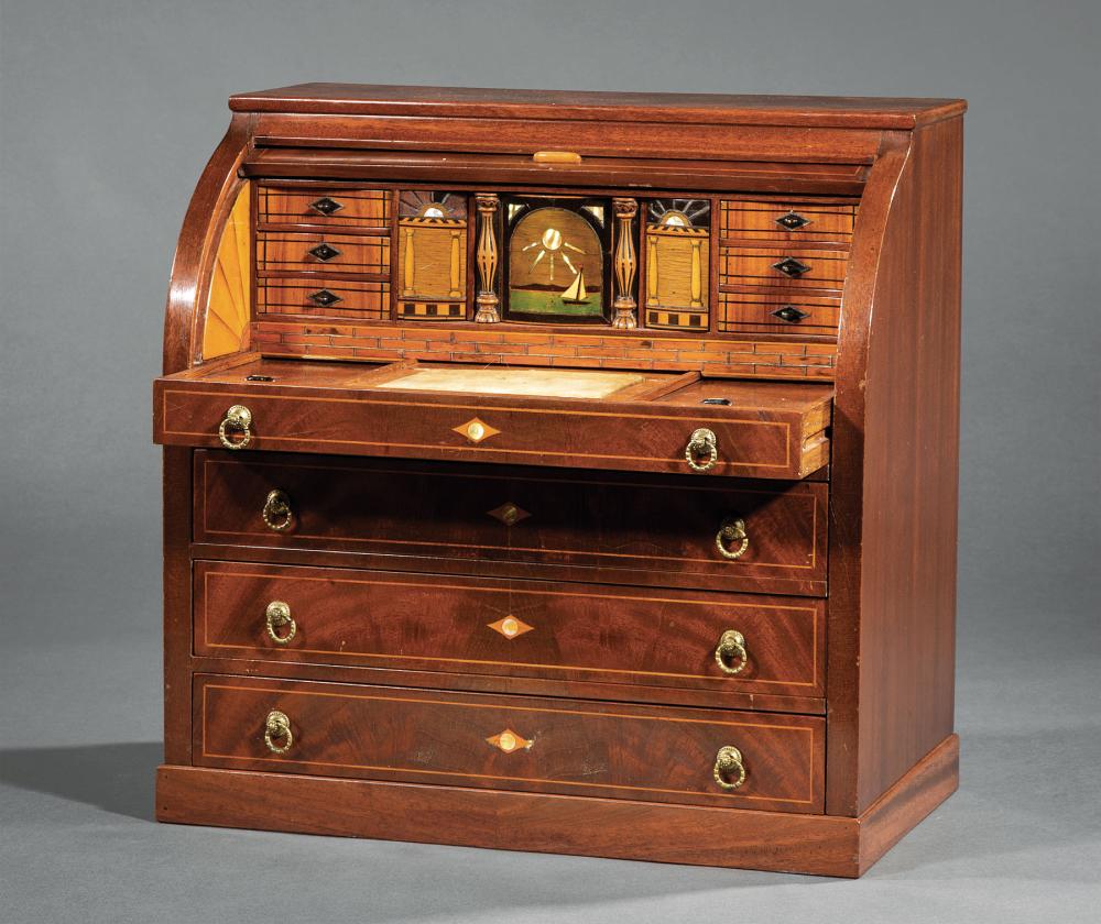 Appraisal: Antique Federal-Style Inlaid Mahogany Apprentice Miniature Bureau Cylindre th c