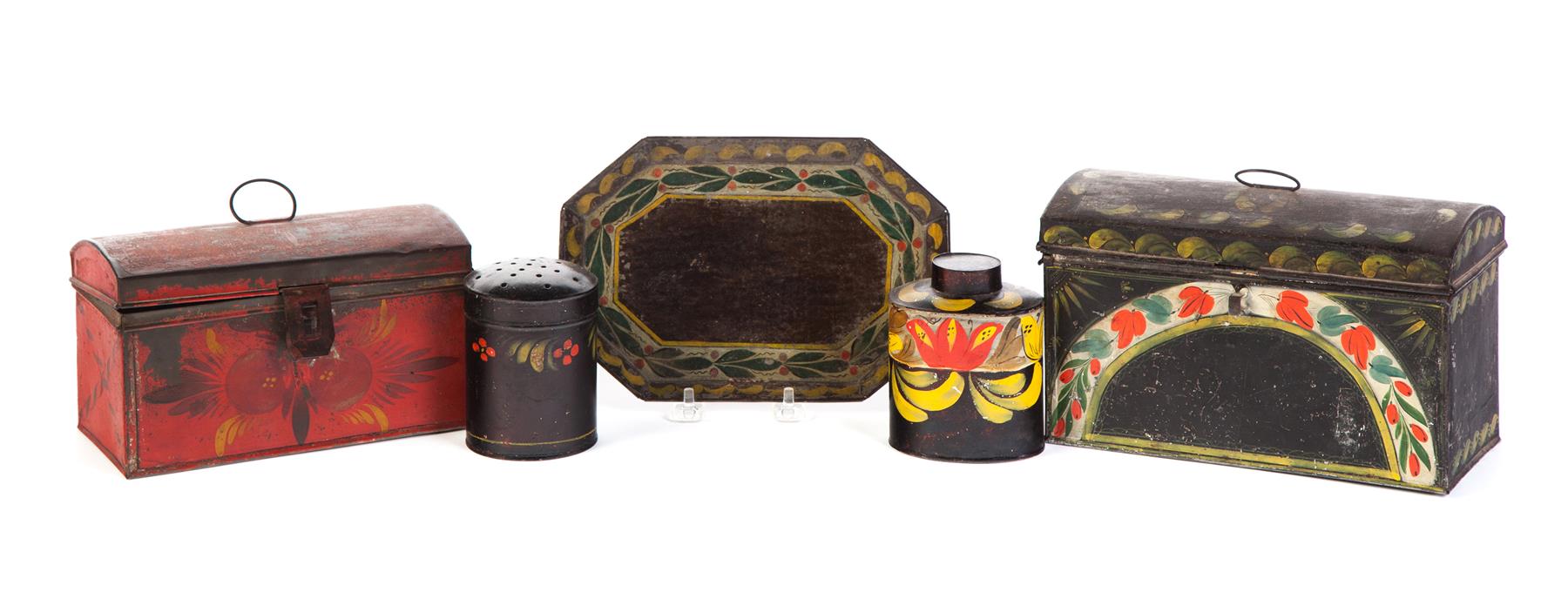 Appraisal: FIVE PIECES OF DECORATED TOLE American nd half- th century