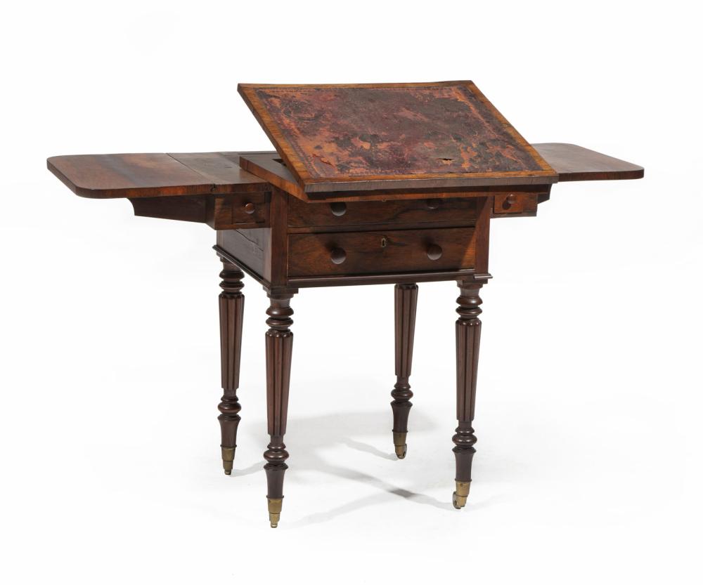 Appraisal: William IV Rosewood Work Table c drop-leaf top with hinged