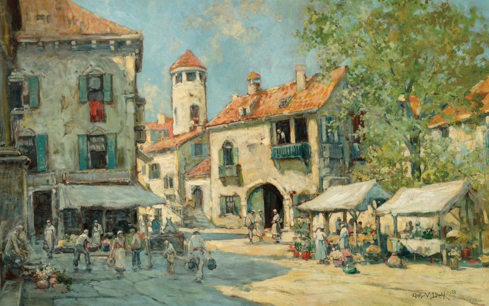 Appraisal: Arthur Diehl American - Mediterranean Market Scene oil on beaverboard