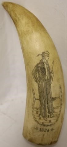 Appraisal: TH C SCRIMSHAW WHALE TOOTH DEPICTING AWHALEMAN WITH HARPOON STANDING