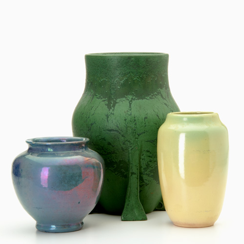 Appraisal: MIDWEST POTTERY Three vases Wheatley four-footed in feathered matte green