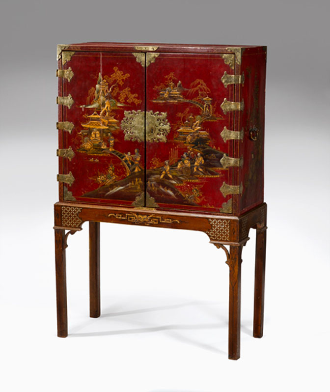 Appraisal: George III style red chinoiserie lacquer cabinet on stand th