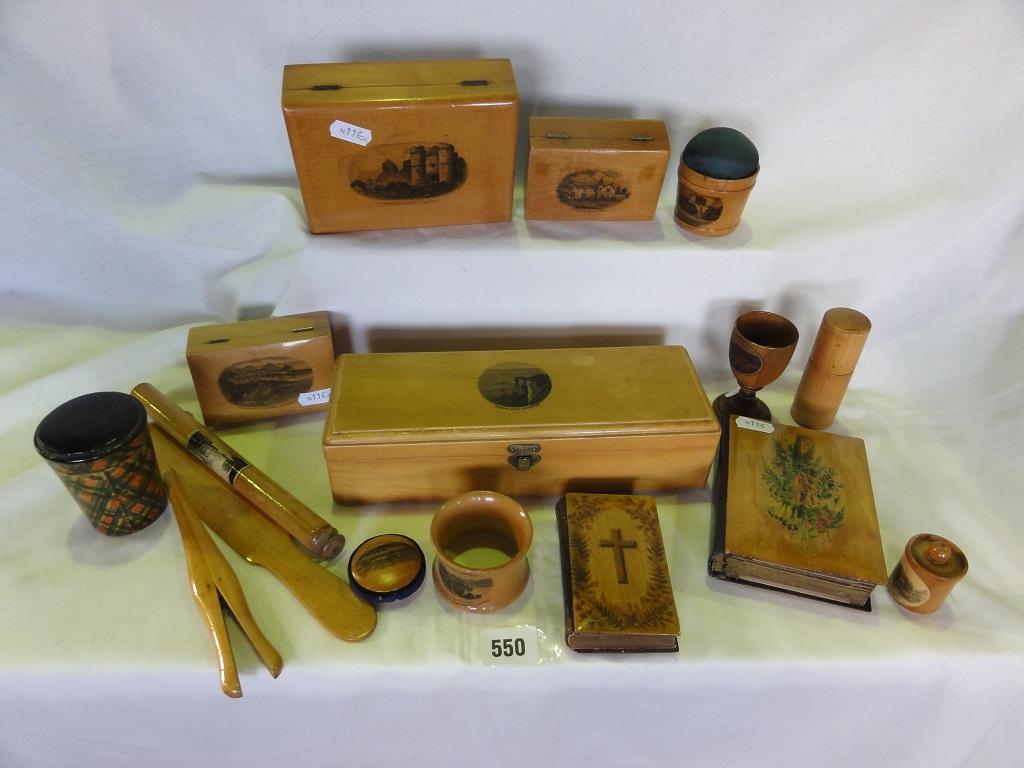 Appraisal: A collection of sixteen pieces of Mauchline ware including boxes