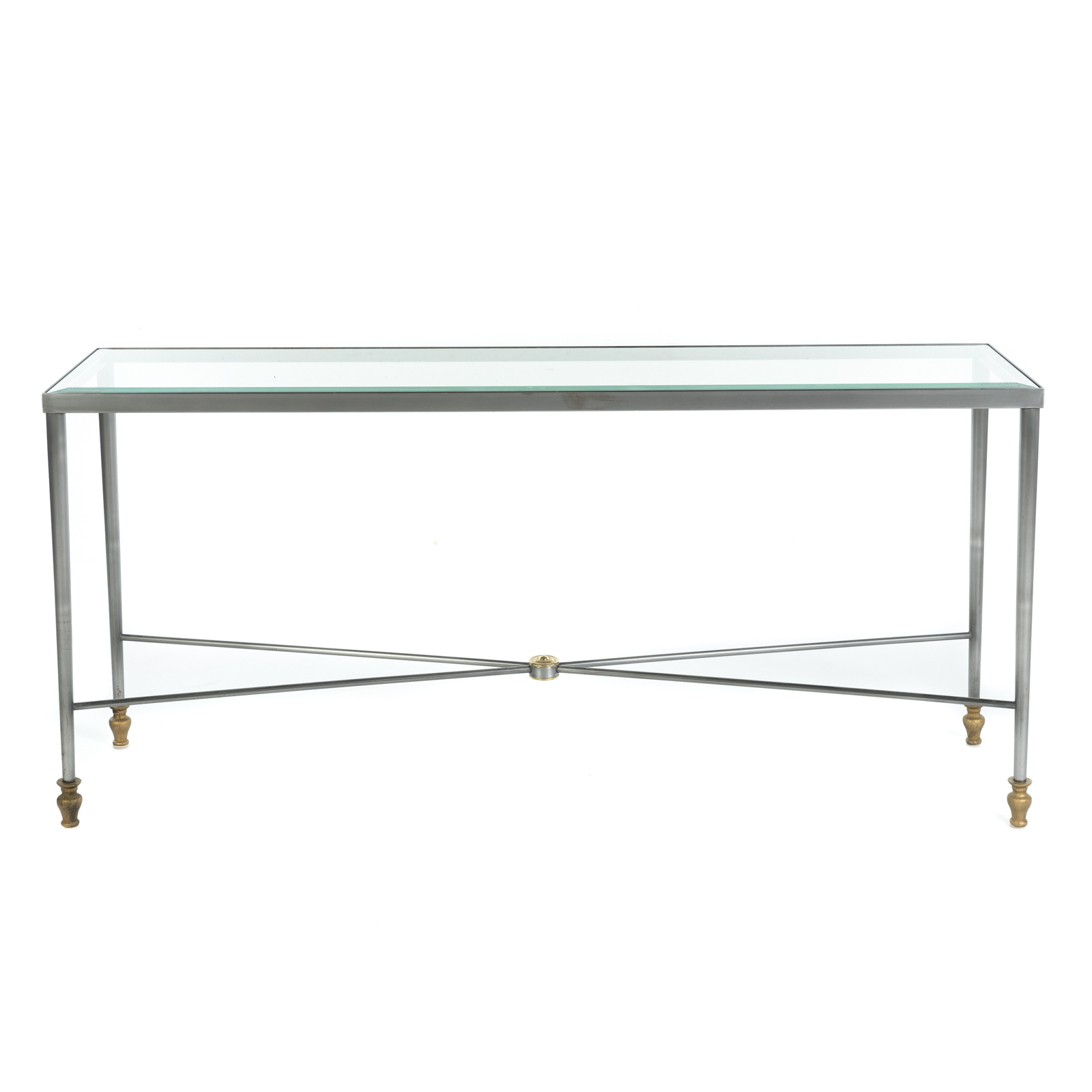 Appraisal: CONTEMPORARY METAL GLASS SOFA TABLE th century with beveled glass