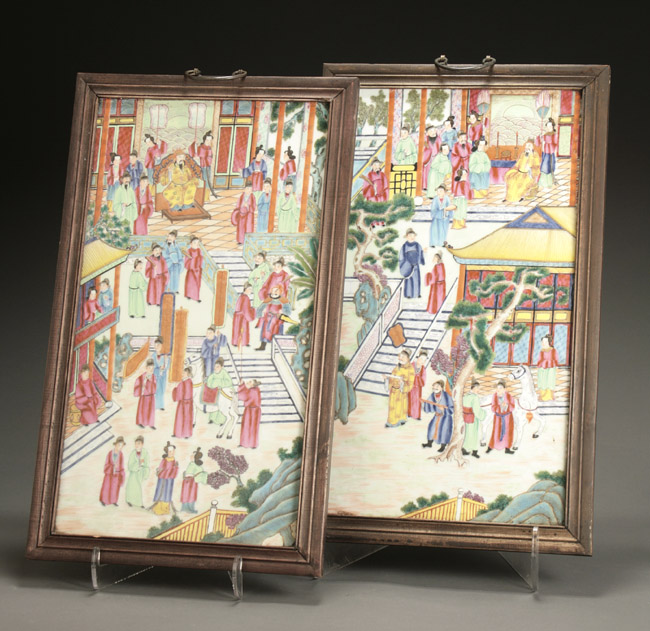 Appraisal: Pair of Chinese Export 'Famille Rose' Plaques Post Each polychrome