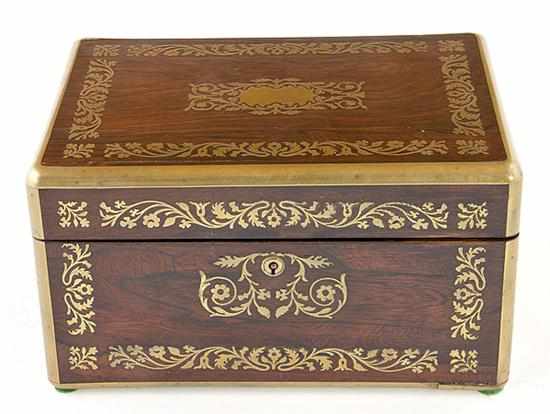 Appraisal: Victorian rosewood traveling necessarie th century brass-bound and inlaid hinged