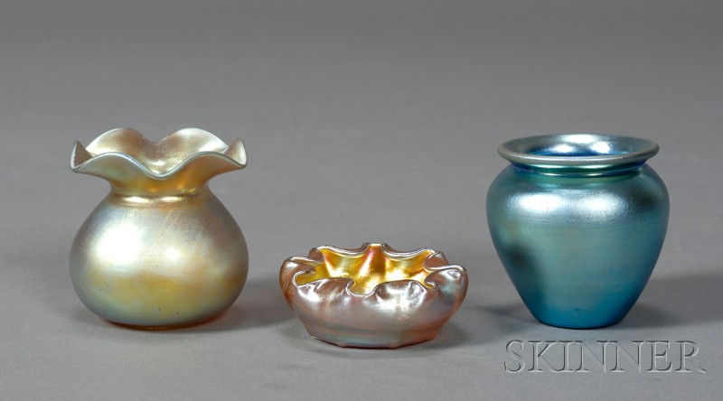 Appraisal: Two Steuben Cabinet Vases and a Tiffany Salt Iridescent glass