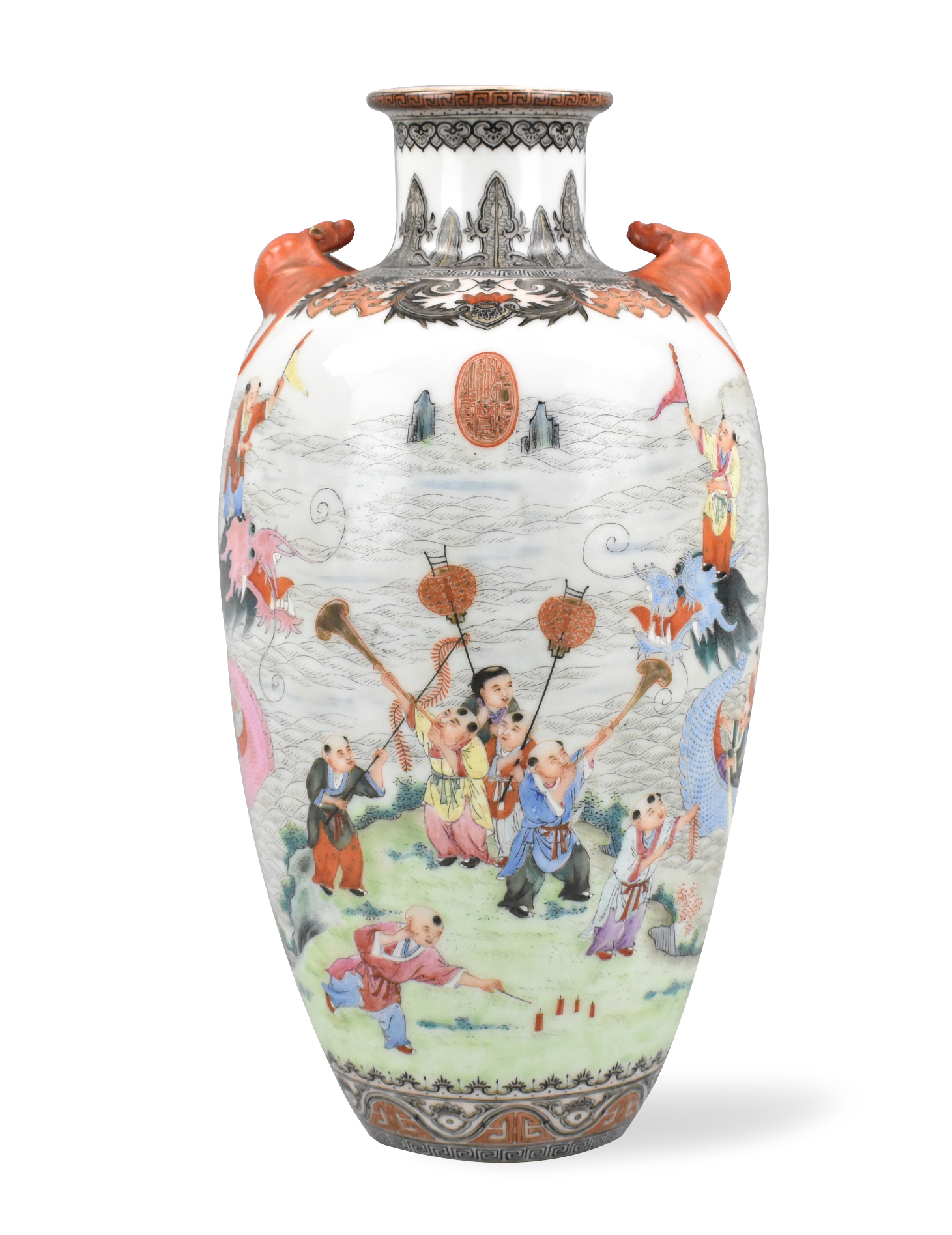 Appraisal: A Chinese enameled vase with dragon boat racing design from