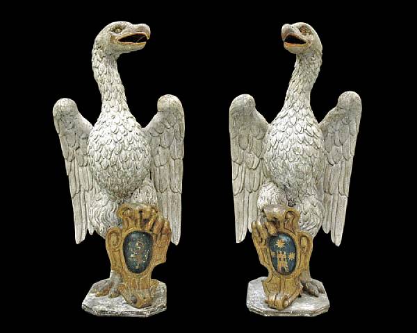 Appraisal: A majestic pair of Spanish Baroque painted heraldic eagles early