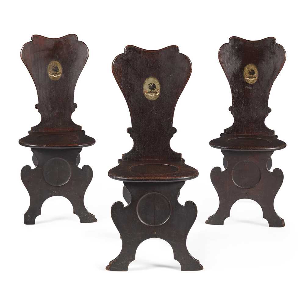 Appraisal: SET OF THREE GEORGIAN OAK ARMORIAL HALL CHAIRS LATE TH