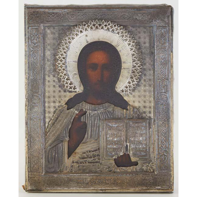 Appraisal: Russian Icon of Christ Pantocrator the silver oklad with a