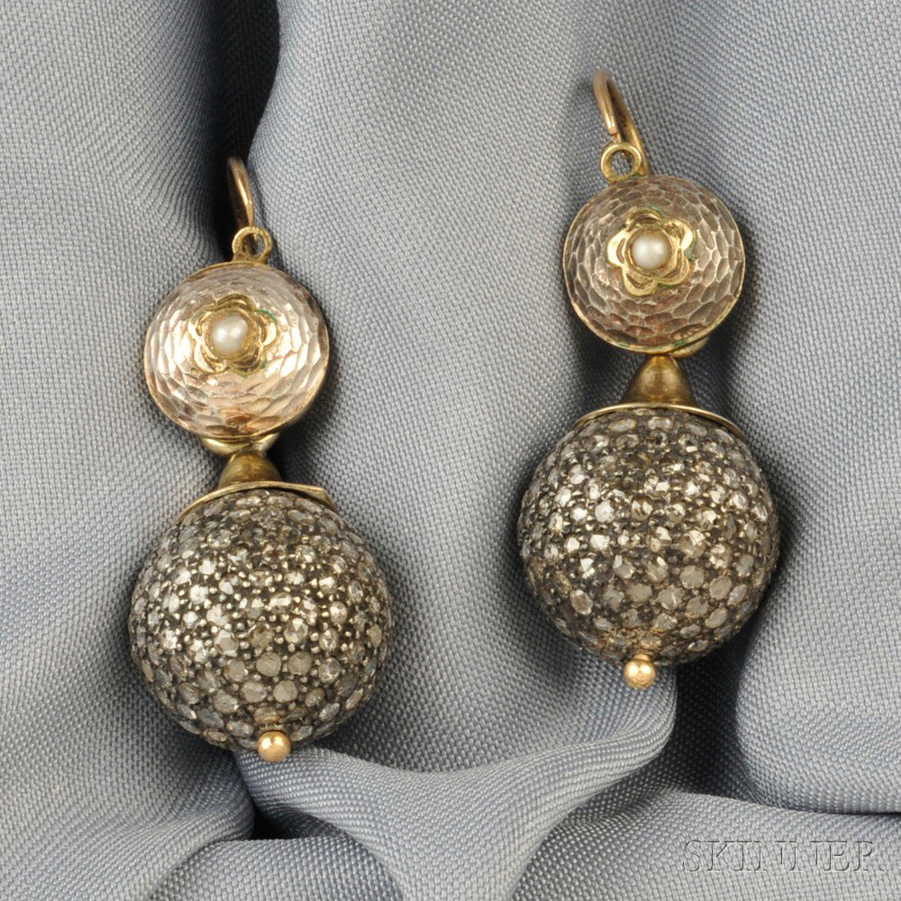 Appraisal: Diamond and Seed Pearl Day Night Earpendants each top set