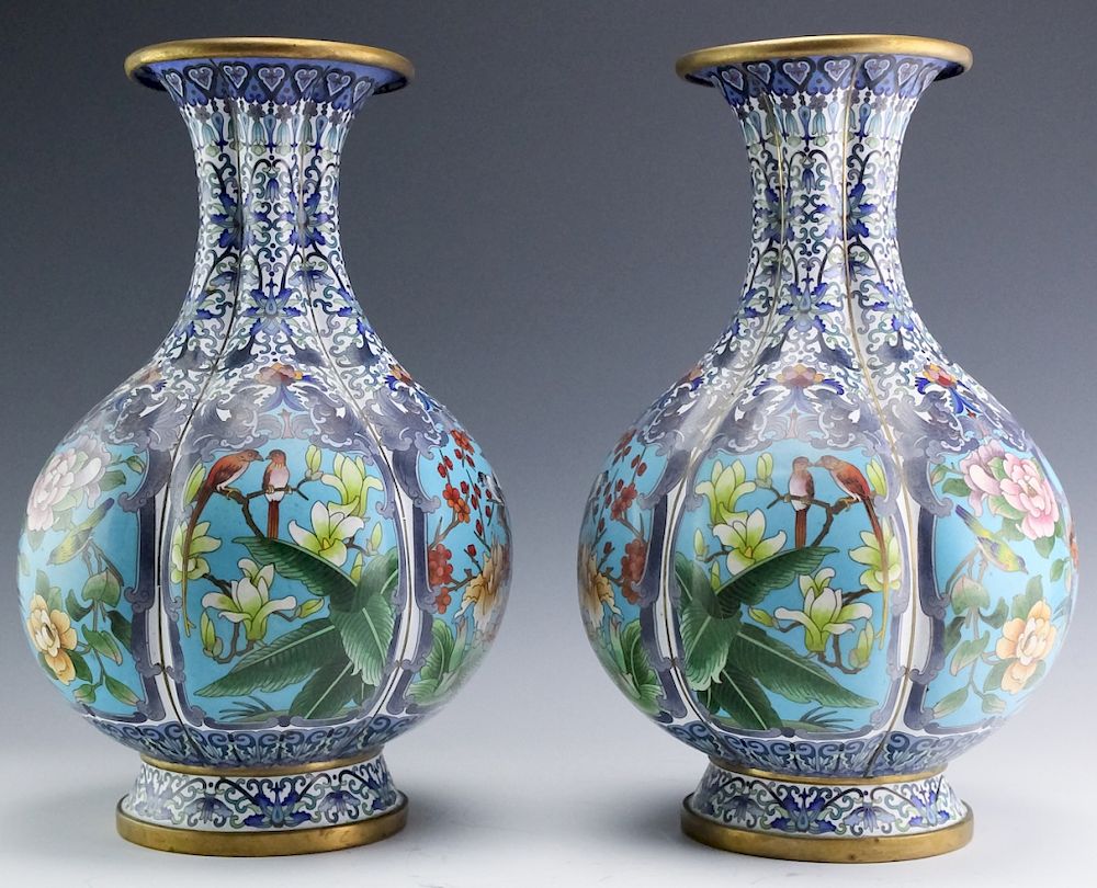 Appraisal: Pair Chinese Export Cloisonne Bird Flower Vases Crafted of fine