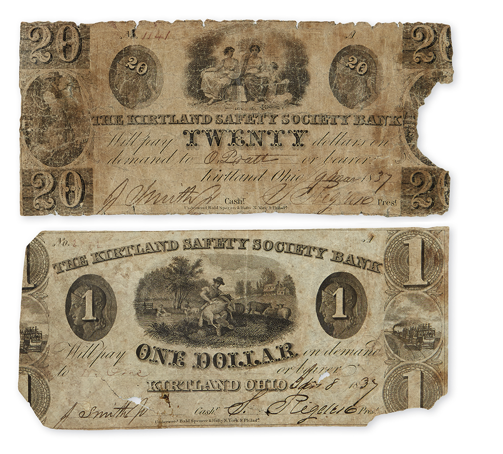 Appraisal: MORMONS--CURRENCY Pair of obsolete banknotes issued by the Kirtland Safety