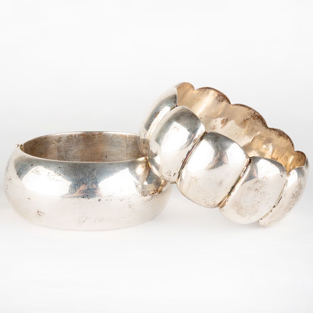 Appraisal: Two Large Sterling Silver Bangle Bracelets Marked 'TV- Mexico' in