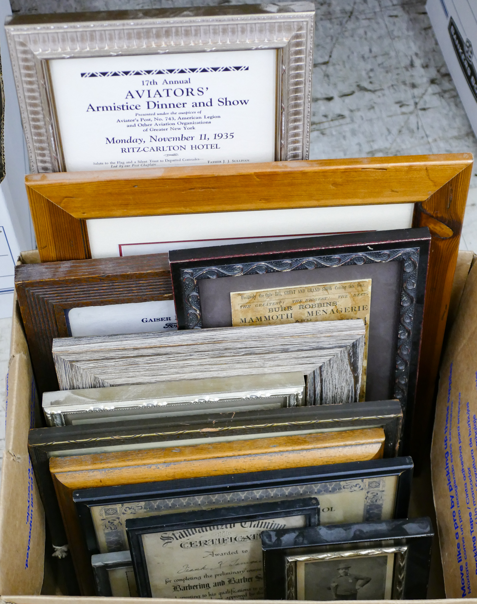 Appraisal: Box Antique Framed Certificates Signs pc