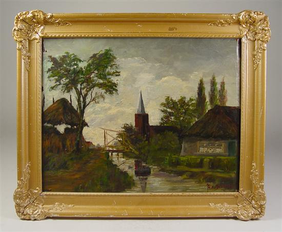 Appraisal: Oil on Canvas Oil on canvas European river canal scene