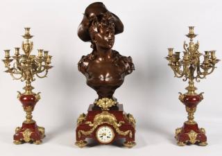 Appraisal: H FRENCH BRONZE AND ROUGE MARBLE CLOCK SET PIECE FRENCH