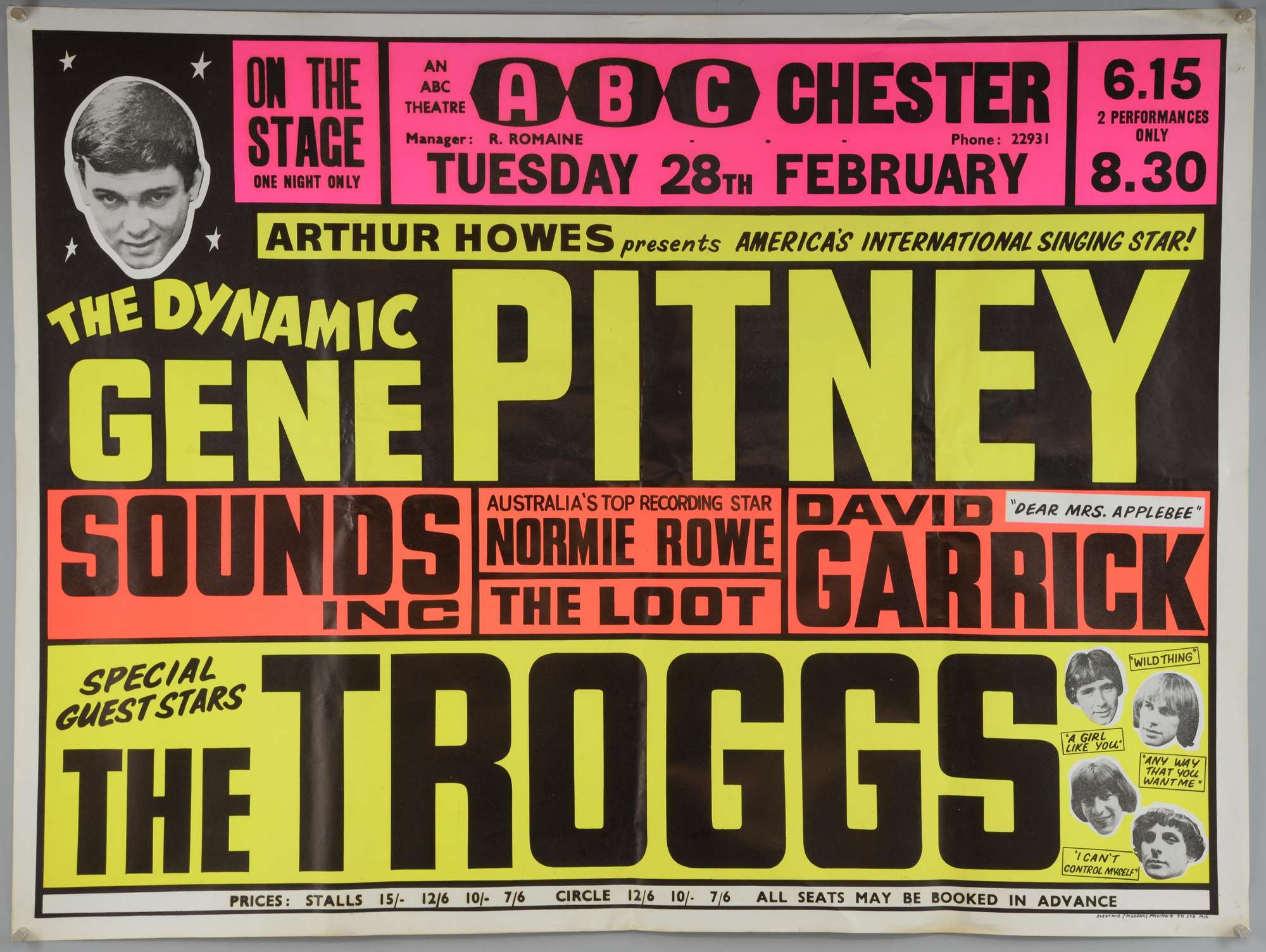 Appraisal: Music Memorabilia including three x inch posters for Gene Pitney