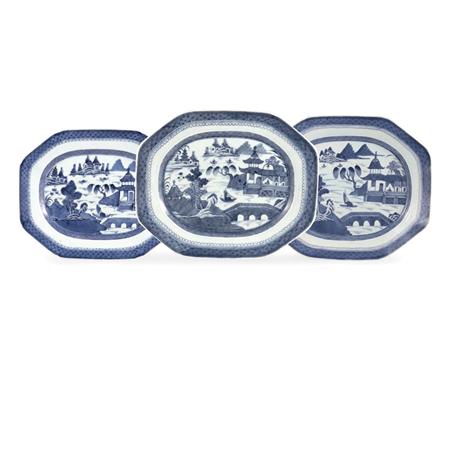 Appraisal: Three Canton Blue and White Porcelain Chamfered Platters Estimate -