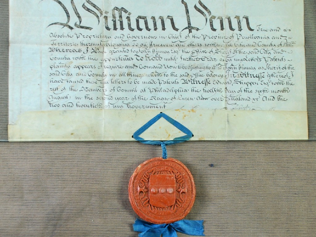 Appraisal: WILLIAM PENN EARLY EIGHTEENTH CENTURY PARCHMENT DOCUMENT CONCERNING THE PROVINCE