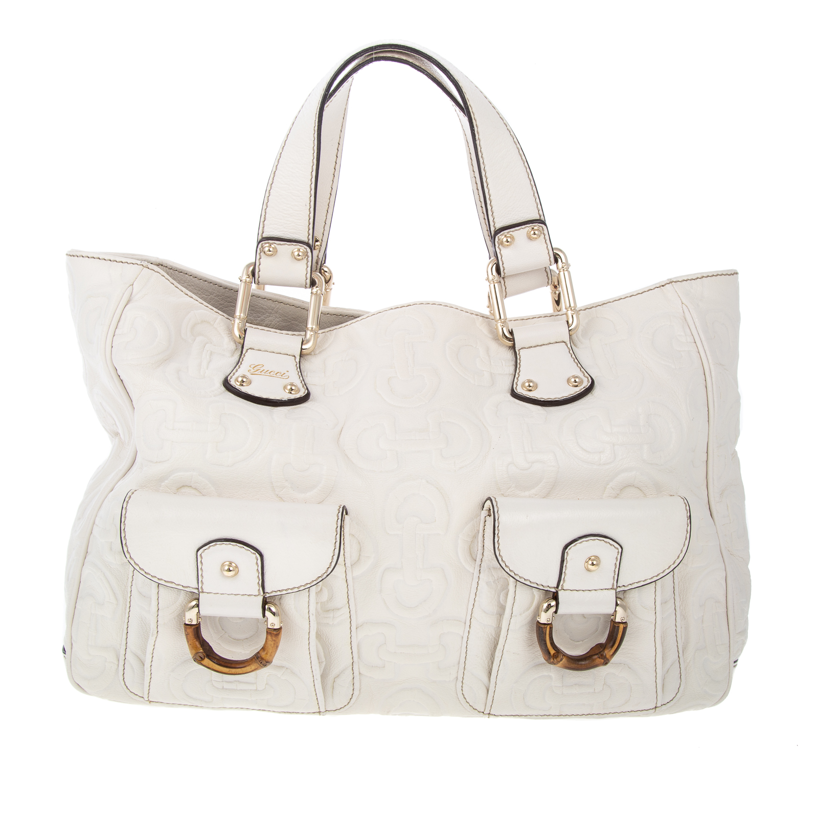 Appraisal: A GUCCI BAMBOO HORSEBIT TOTE A white horse bit embossed