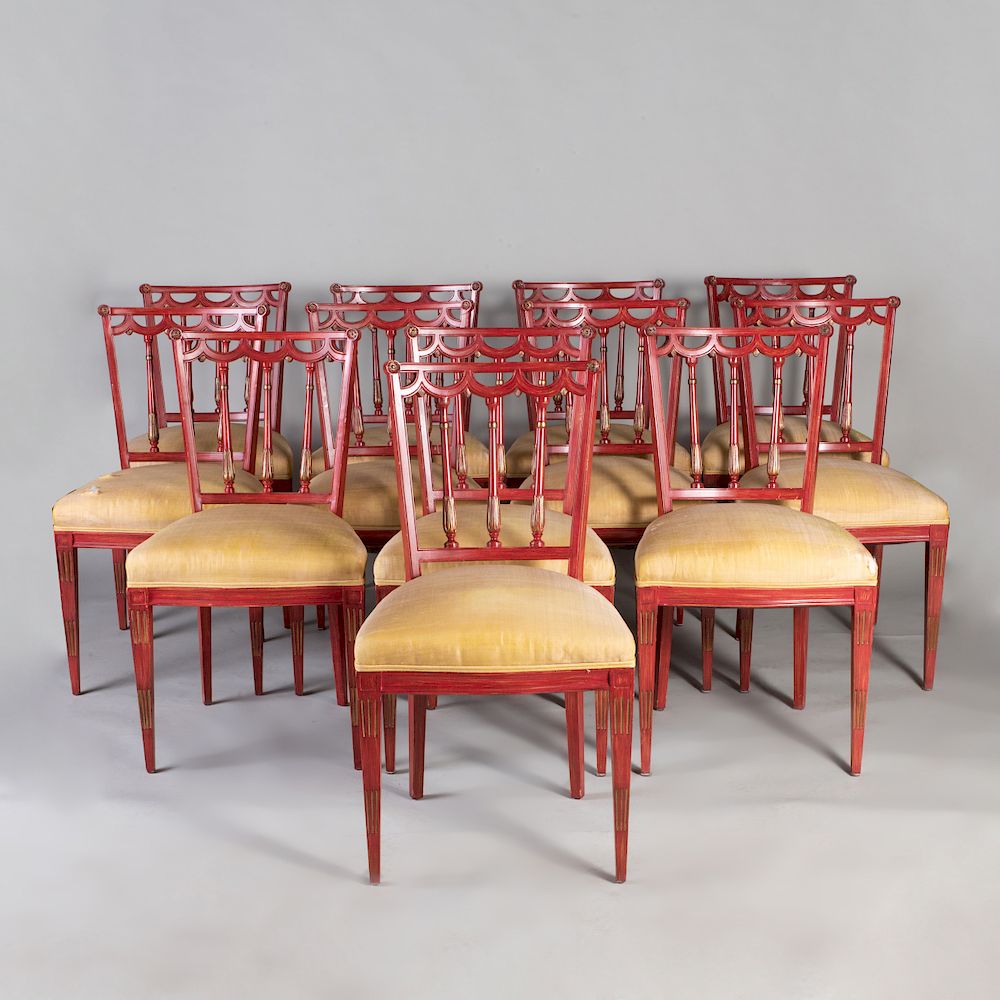 Appraisal: Twelve Louis Philippe Style Red Painted and Parcel-Gilt Wood Side