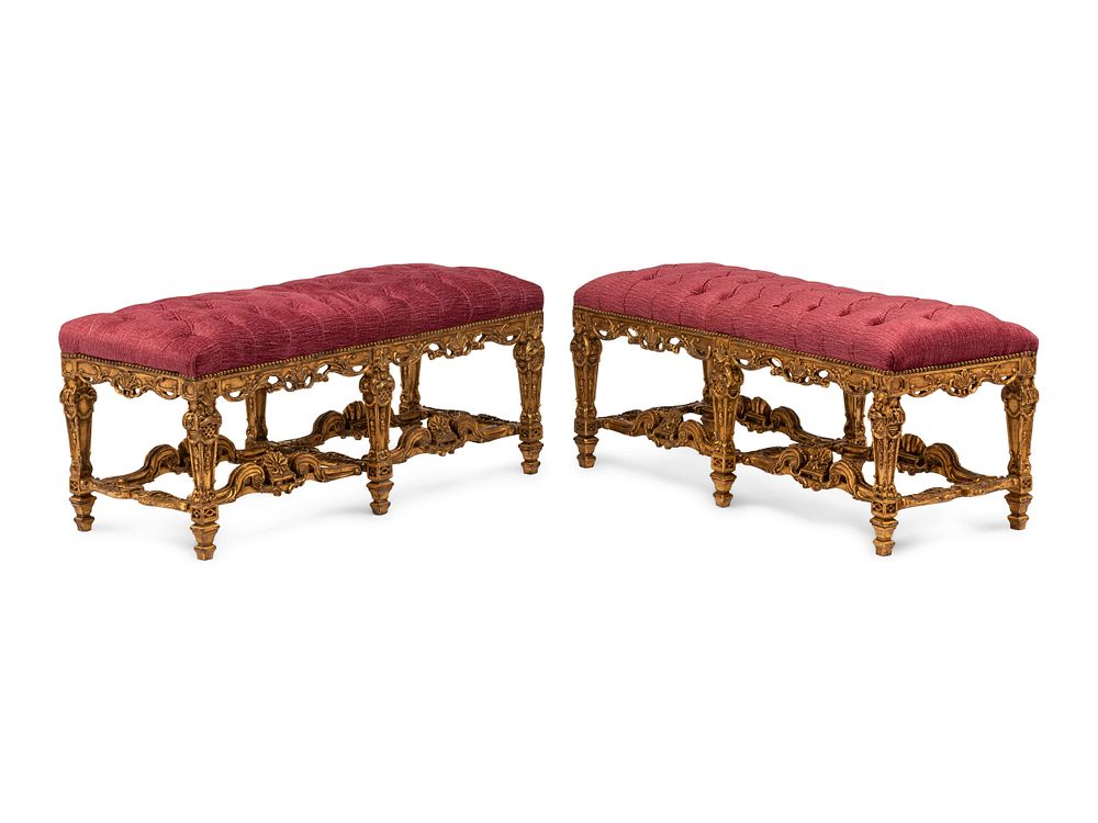 Appraisal: A Pair of Louis XIV Style Giltwood Benches A Pair