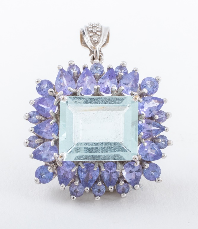 Appraisal: K GOLD AQUAMARINE TANZANITE DIAMOND PENDANT K white gold aquamarine