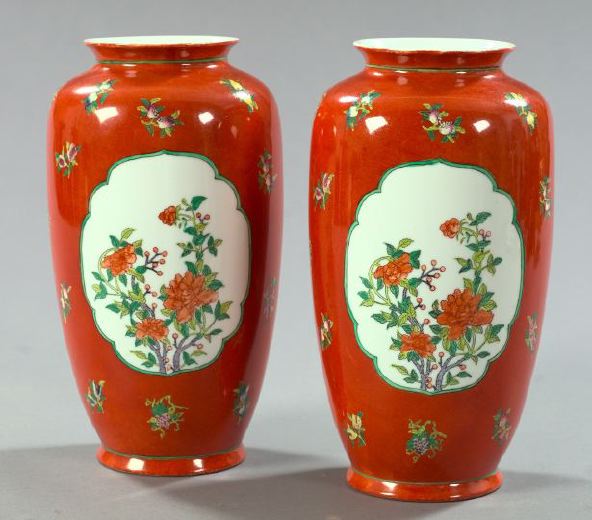 Appraisal: Pair of Chinese Coral Red Porcelain Vases with peony reserves