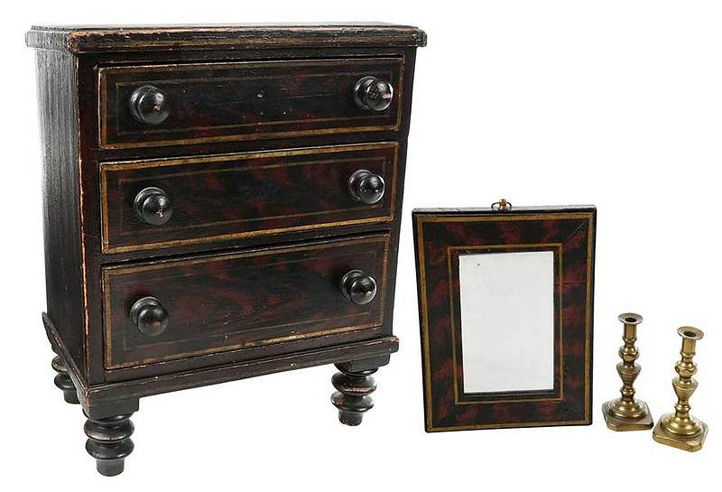 Appraisal: Faux Painted Miniature Chest and Mirror Tapers American British th