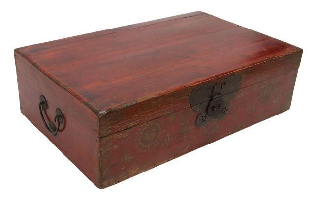 Appraisal: Chinese red lacquered trunk dovetailed and nailed construction sides with