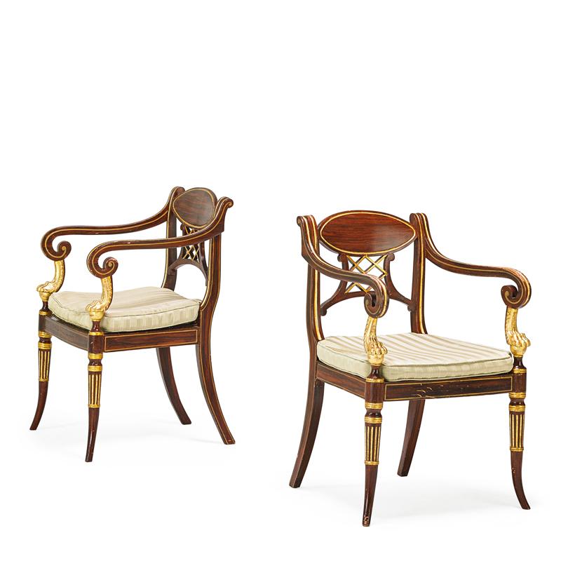 Appraisal: PAIR OF REGENCY STYLE ARMCHAIRS Mahogany with parcel gilt decoration