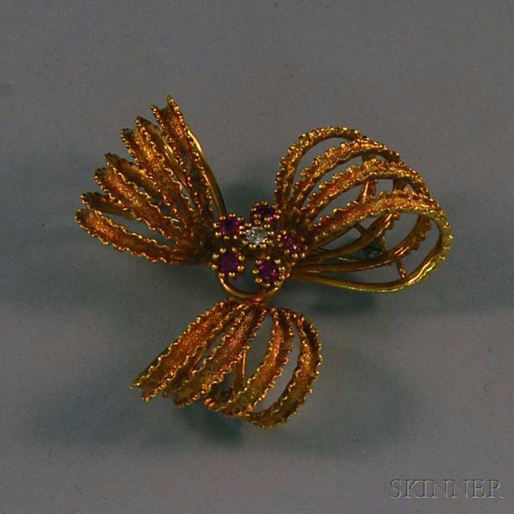 Appraisal: Retro kt Gold Ruby and Diamond Ribbon Brooch the four-strand