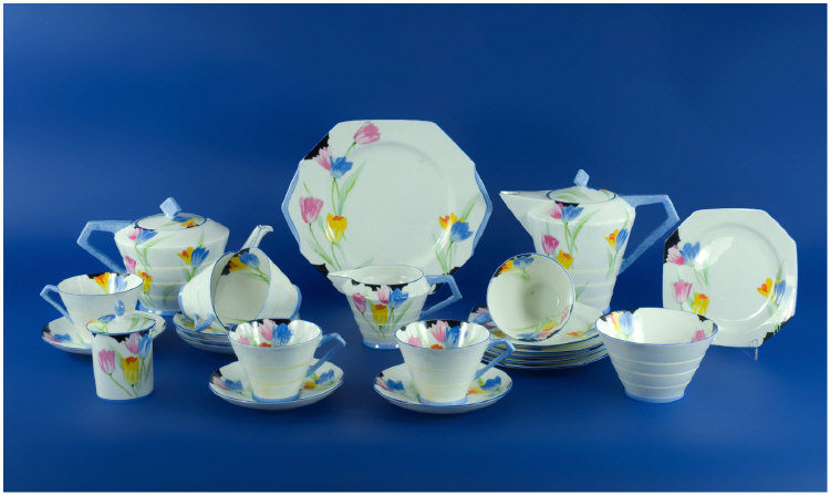 Appraisal: Paragon China Art Deco Teaset Tulip Pattern in Pink Blue