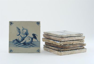 Appraisal: Seven Delft blue and white tiles four painted with figures