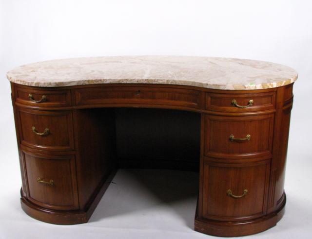 Appraisal: Vintage kidney shaped desk with marble top seven drawers including